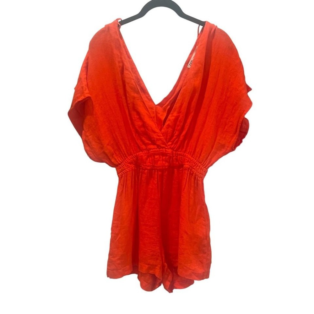 ZARA Orange Linen Blend Dolman Sleeve V-Neck Cutout Back‎ Romper Beach Cover-Up